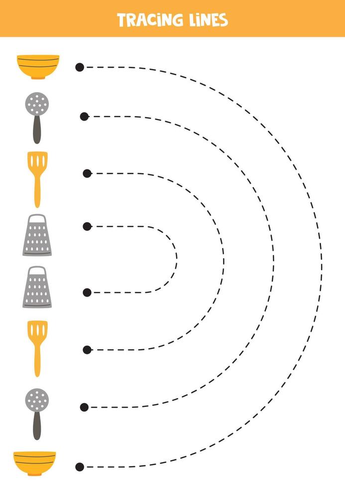 tracer des lignes pour les enfants. ustensiles de cuisine de dessin animé. vecteur