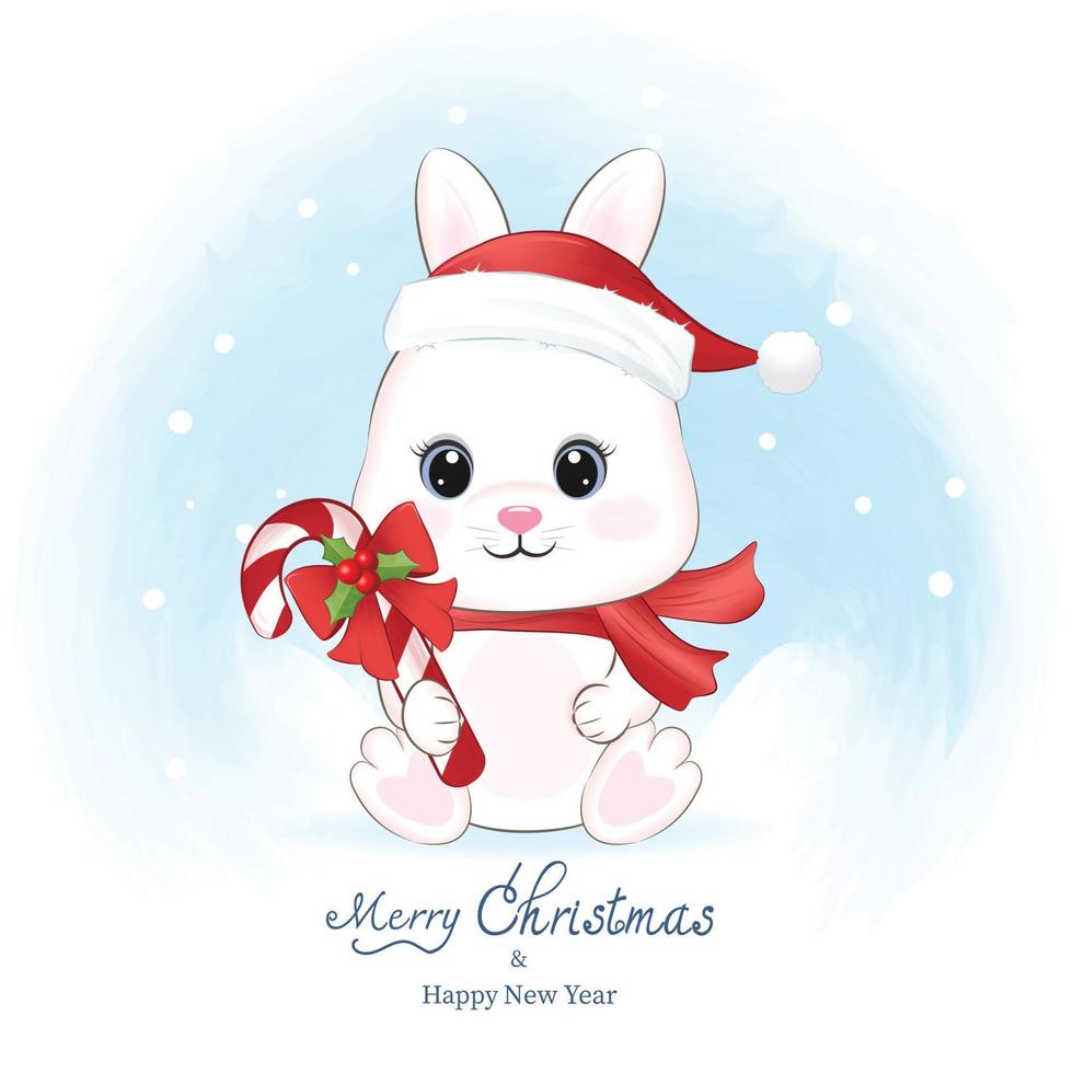 petit lapin et canne en bonbon. illustration de la saison de noël vecteur