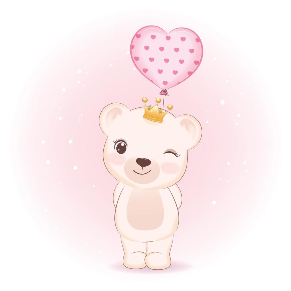 mignon petit ours tenant illustration de concept de saint valentin ballon vecteur