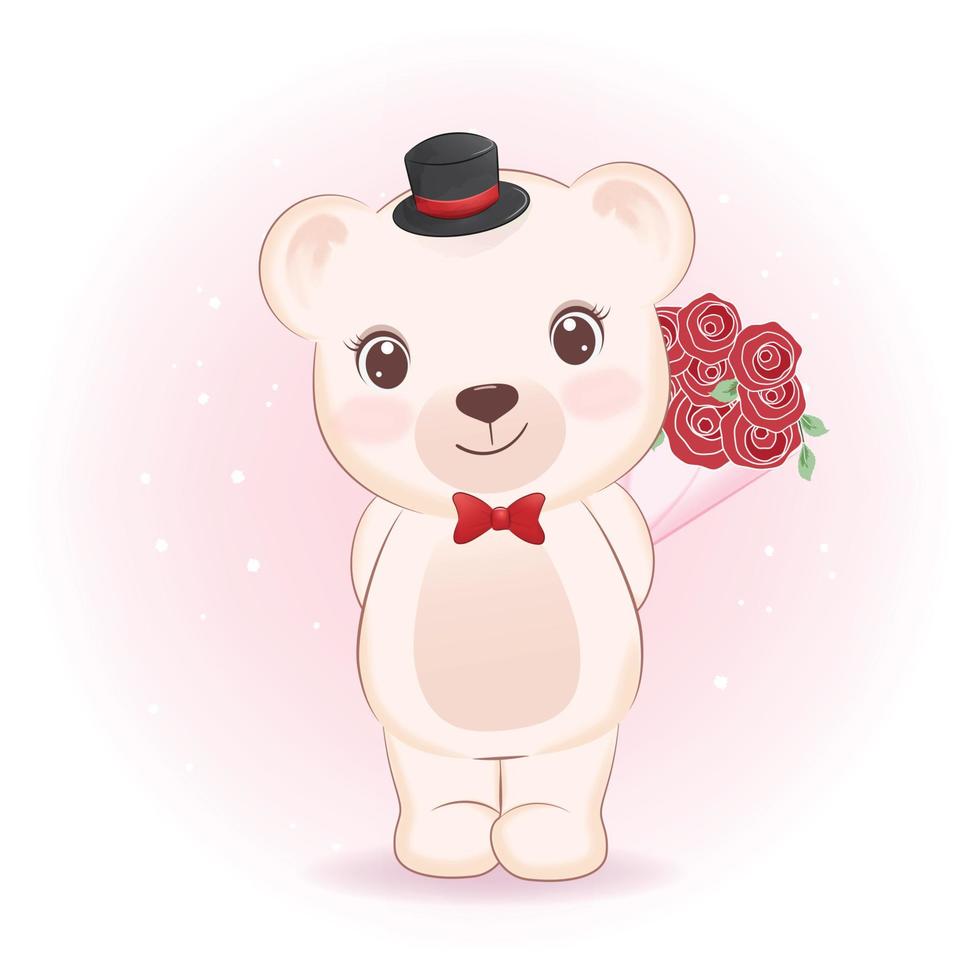 mignon petit ours et bouquet de roses, illustration du concept de la saint-valentin vecteur