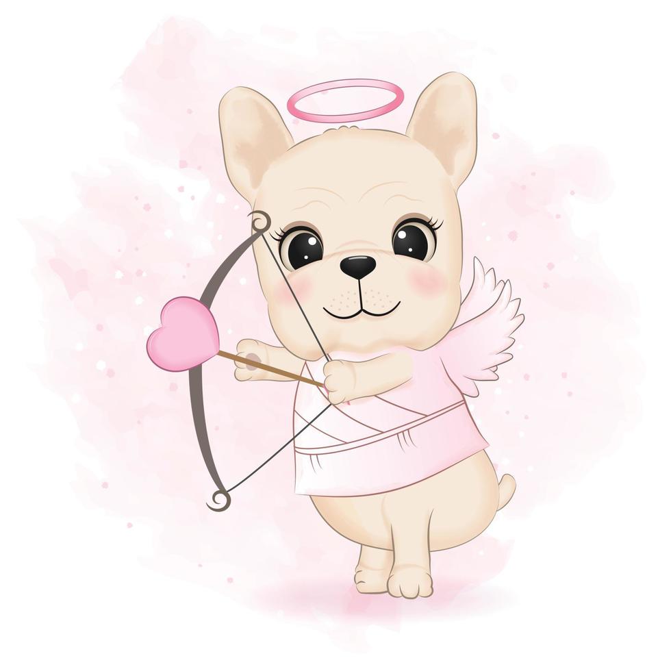 mignon cupidon bouledogue français et coeur illustration de concept de saint valentin vecteur