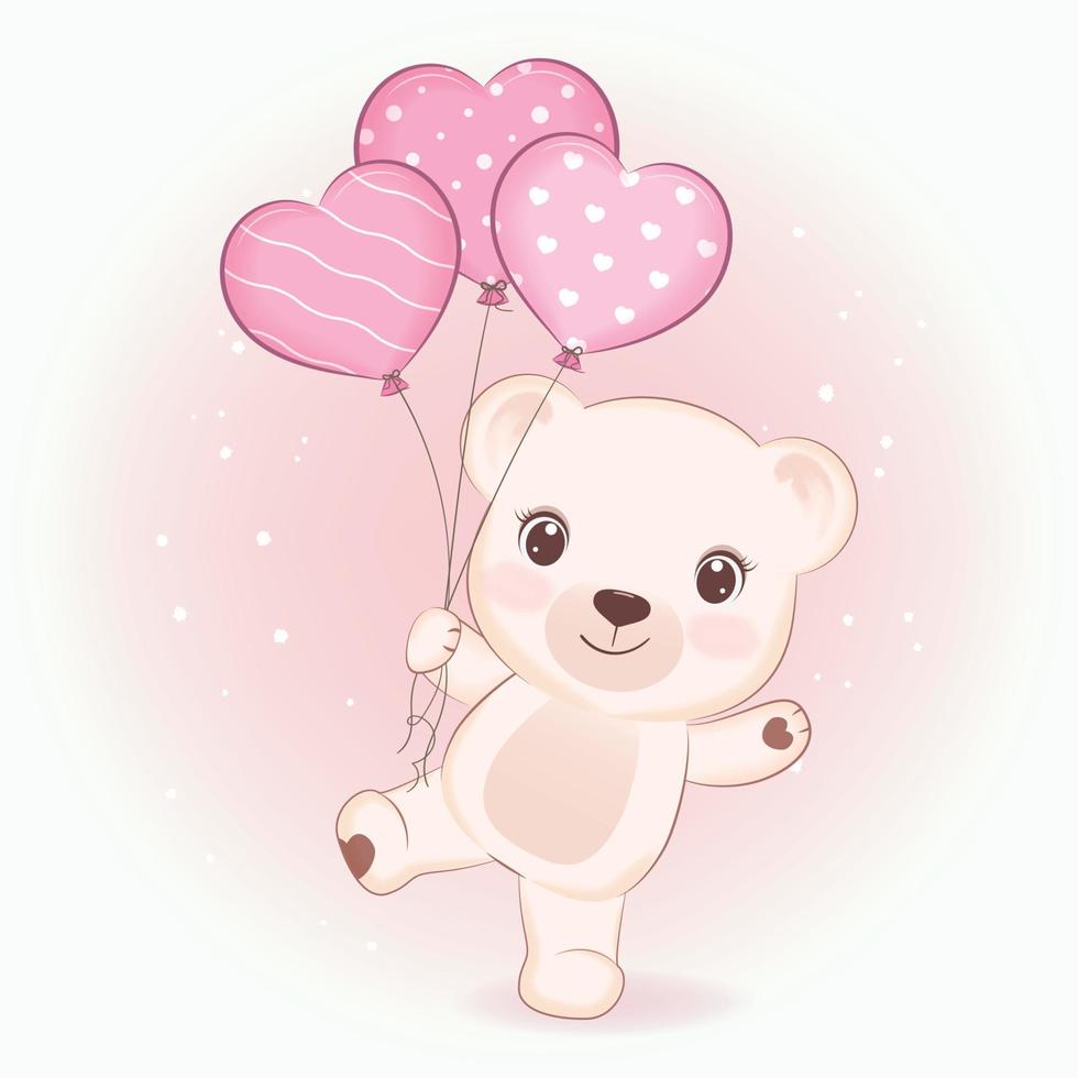 ours en peluche mignon et ballon coeur, illustration du concept de la saint-valentin vecteur