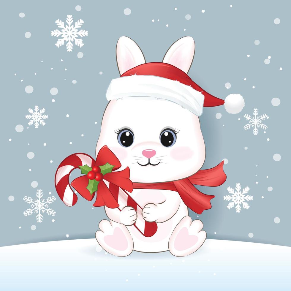 illustration de fond de saison de noël et mignon petit lapin tenant des bonbons ca vecteur