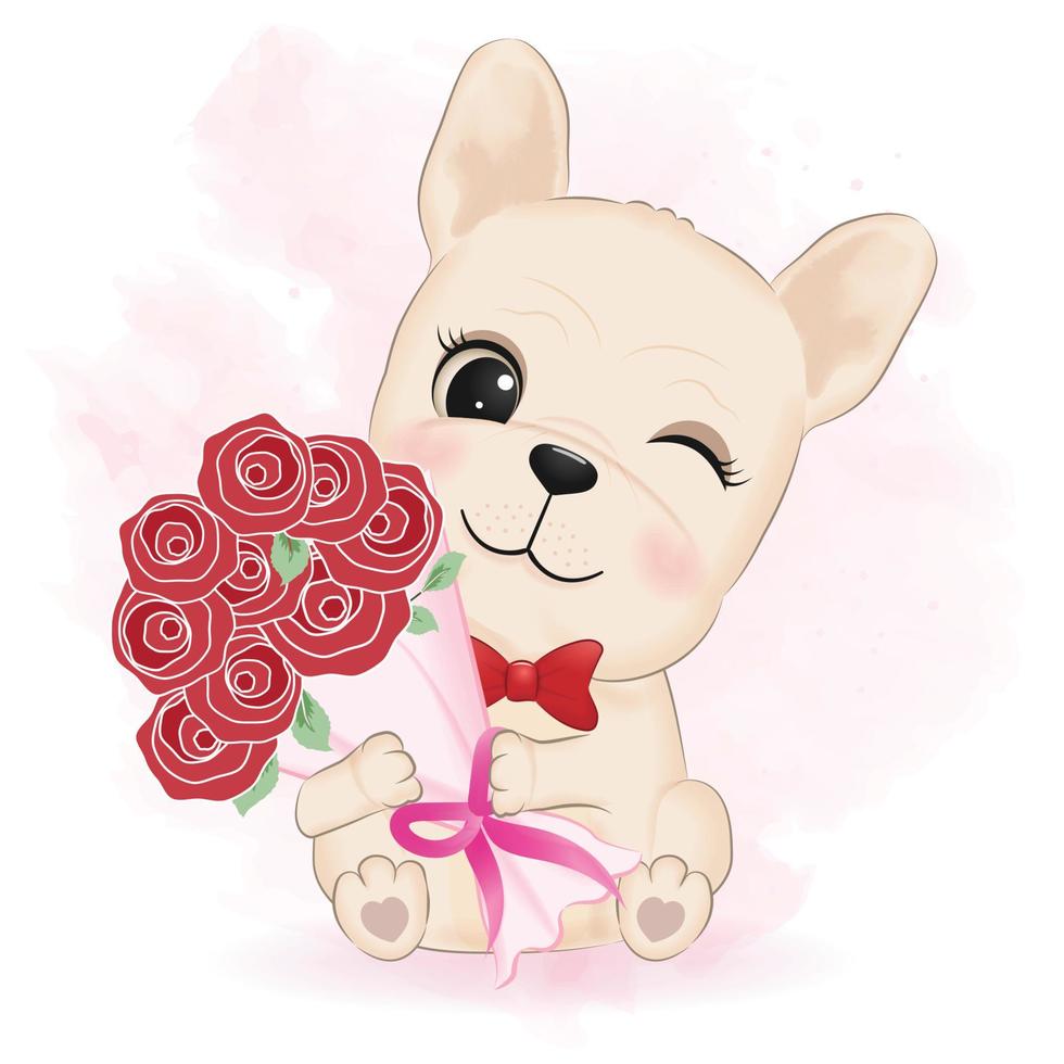 mignon bouledogue français et bouquet de roses illustration du concept de la saint-valentin vecteur