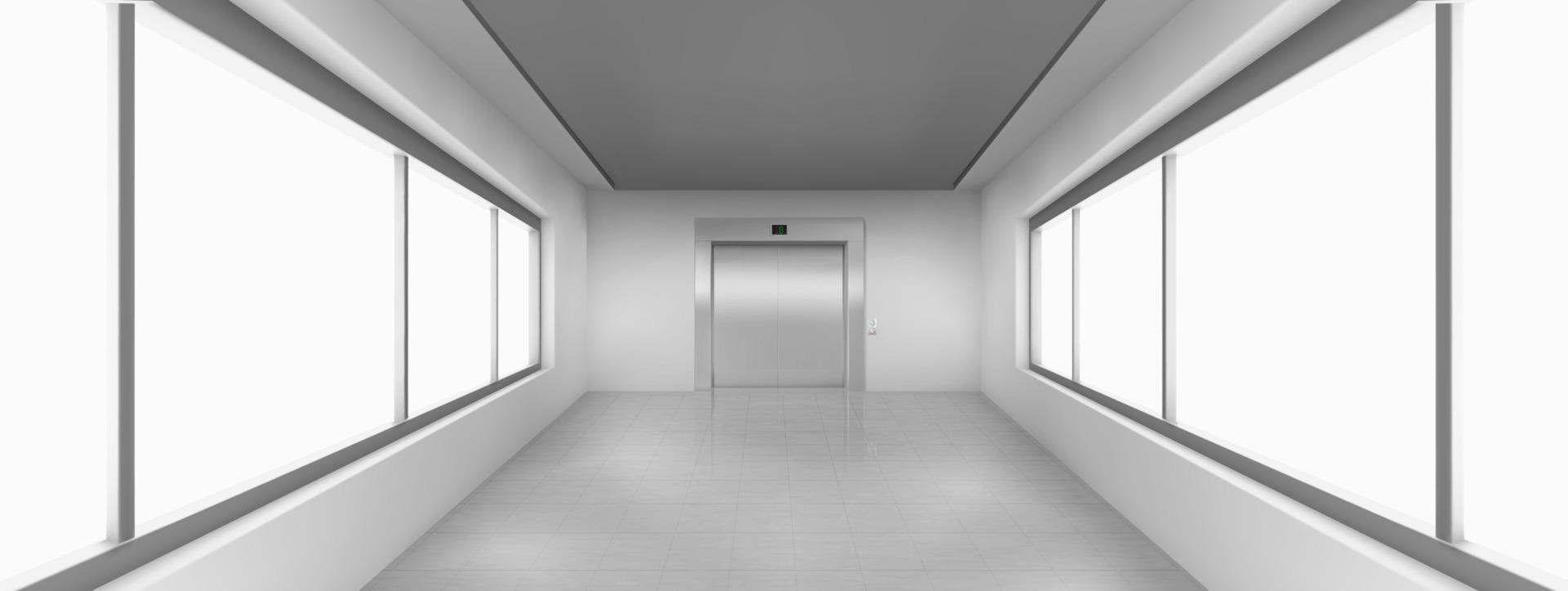 couloir vide avec de grandes fenêtres, porte d'ascenseur vecteur