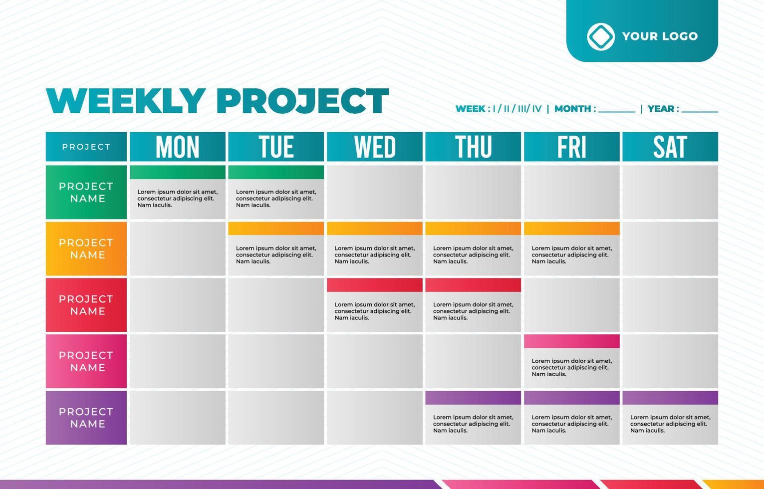 modèle de calendrier de projet hebdomadaire vecteur