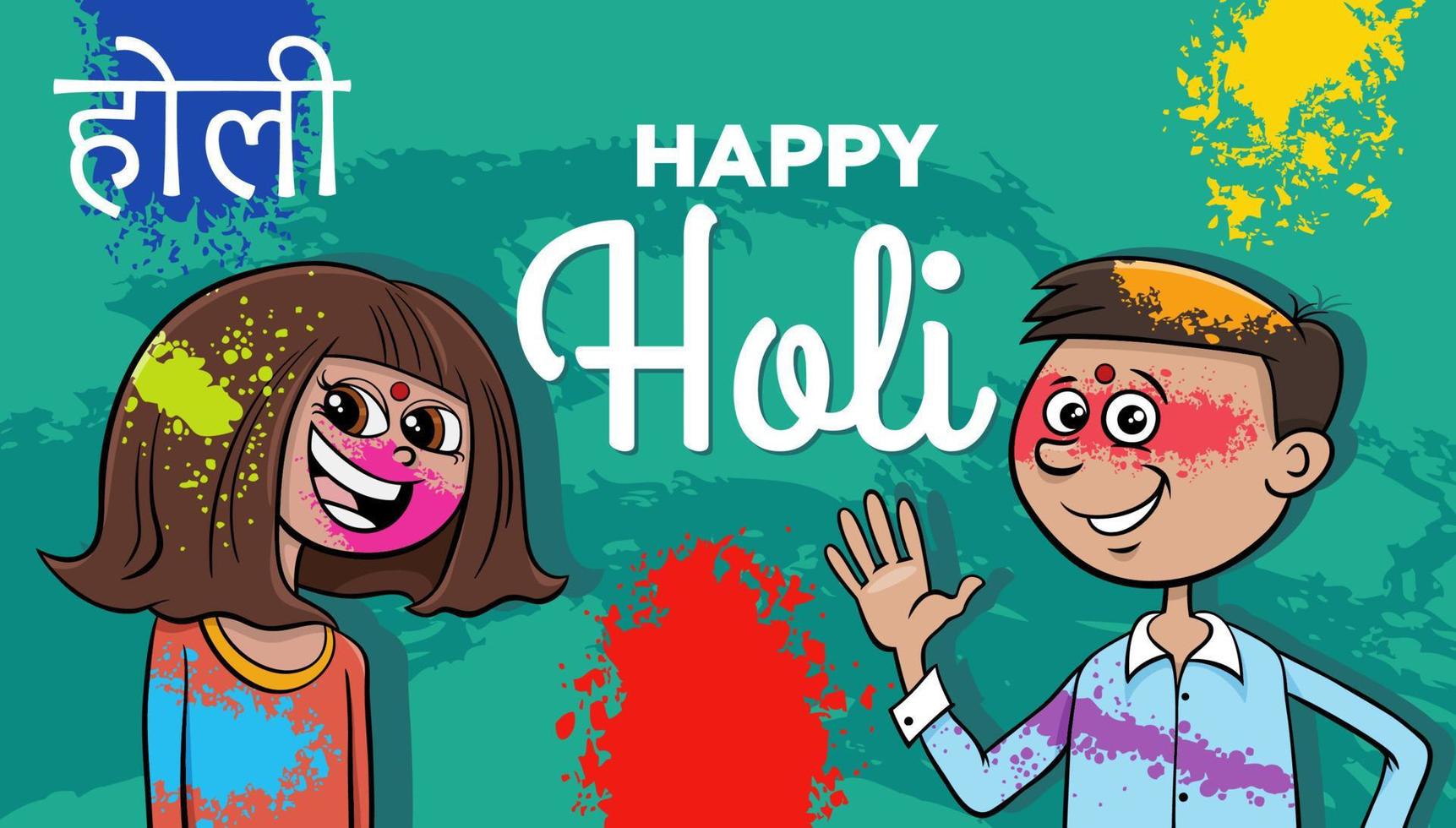 conception du festival hindou holi avec des personnages de bandes dessinées vecteur