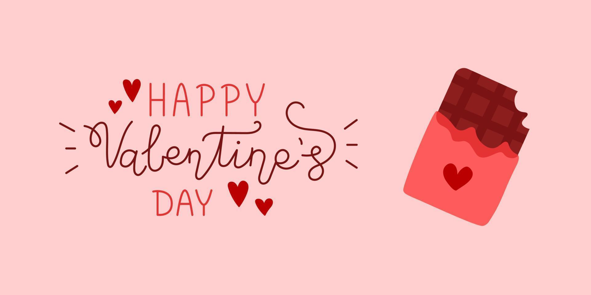 bannière de la saint valentin avec des coeurs. affiche romantique avec texte happy valentines day et barre de chocolat. illustration vectorielle dans les couleurs rouges et roses. amour et romance. vecteur