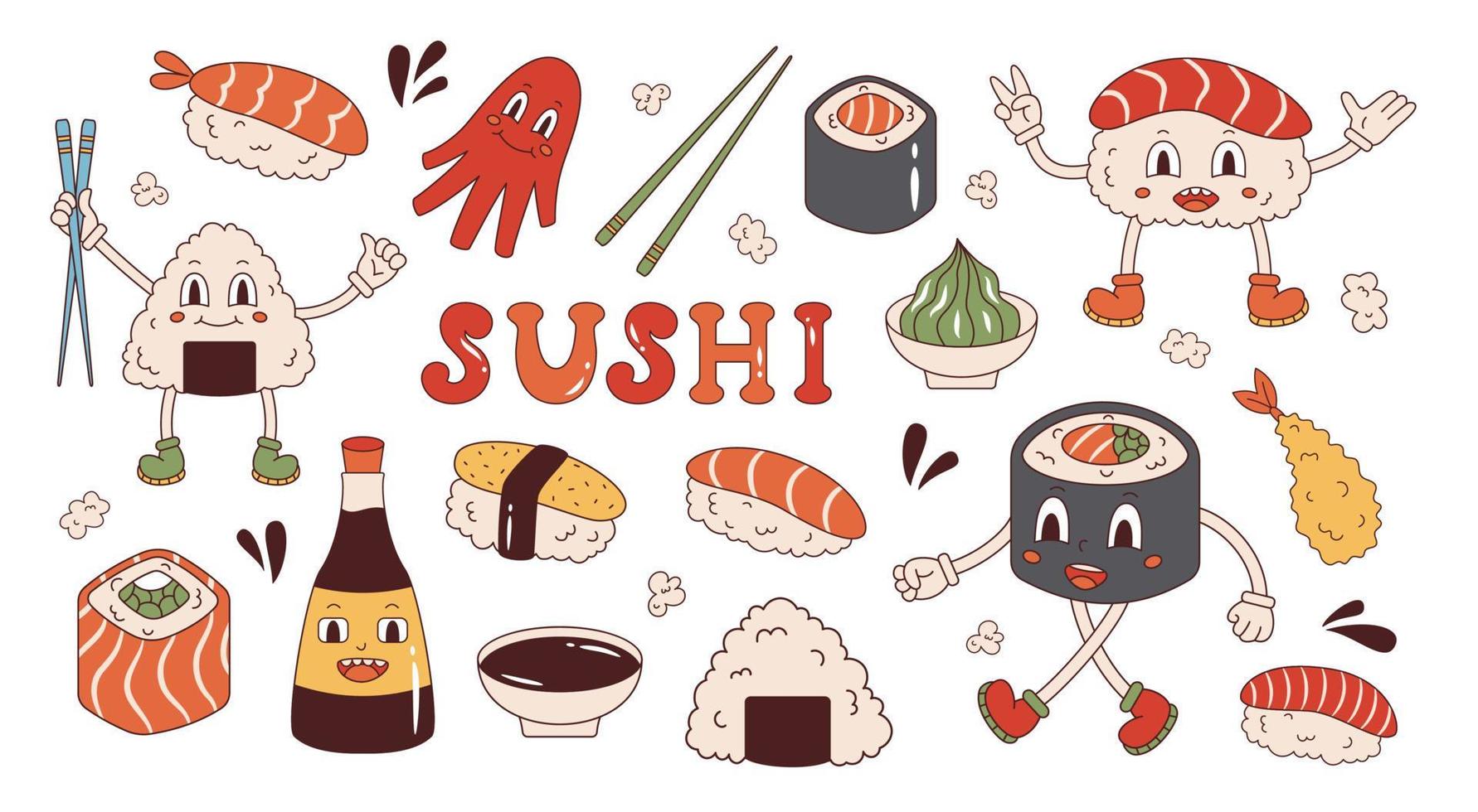 vecteur sushi situé dans un style rétro. sushi, wasabi, sauce soja, onigiri et crevettes frites. mascottes de sushi groovy. collection de nourriture japonaise.