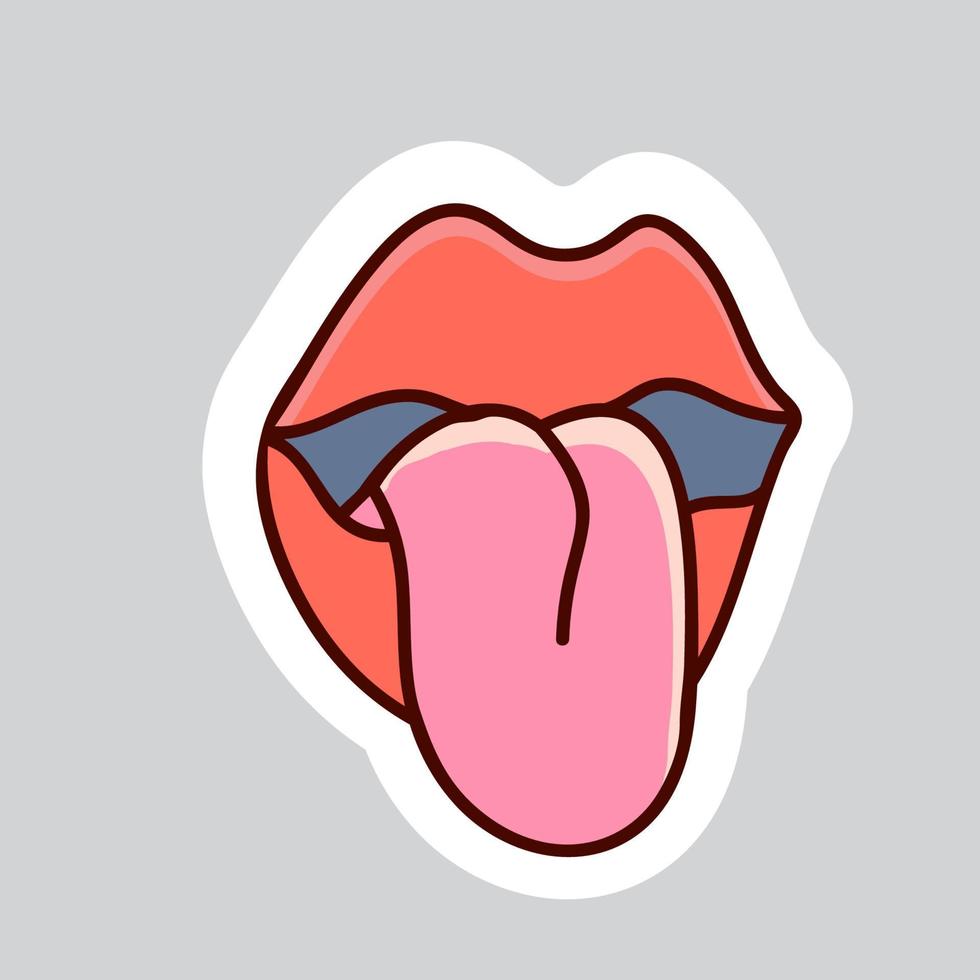 Autocollant de doodle vectoriel de styles des années 70. lèvres rouges avec la langue pendante.