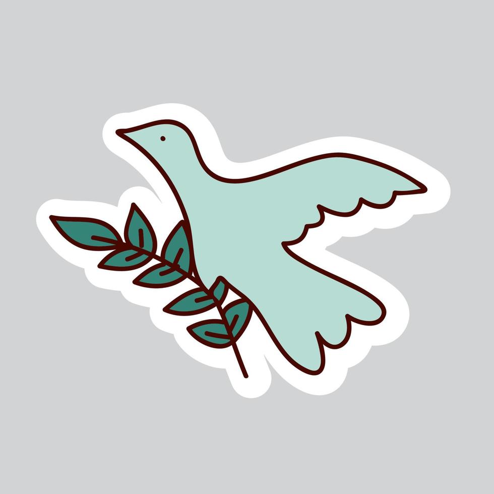 Autocollant de doodle vectoriel de styles des années 70. colombe volante avec branche d'olivier.