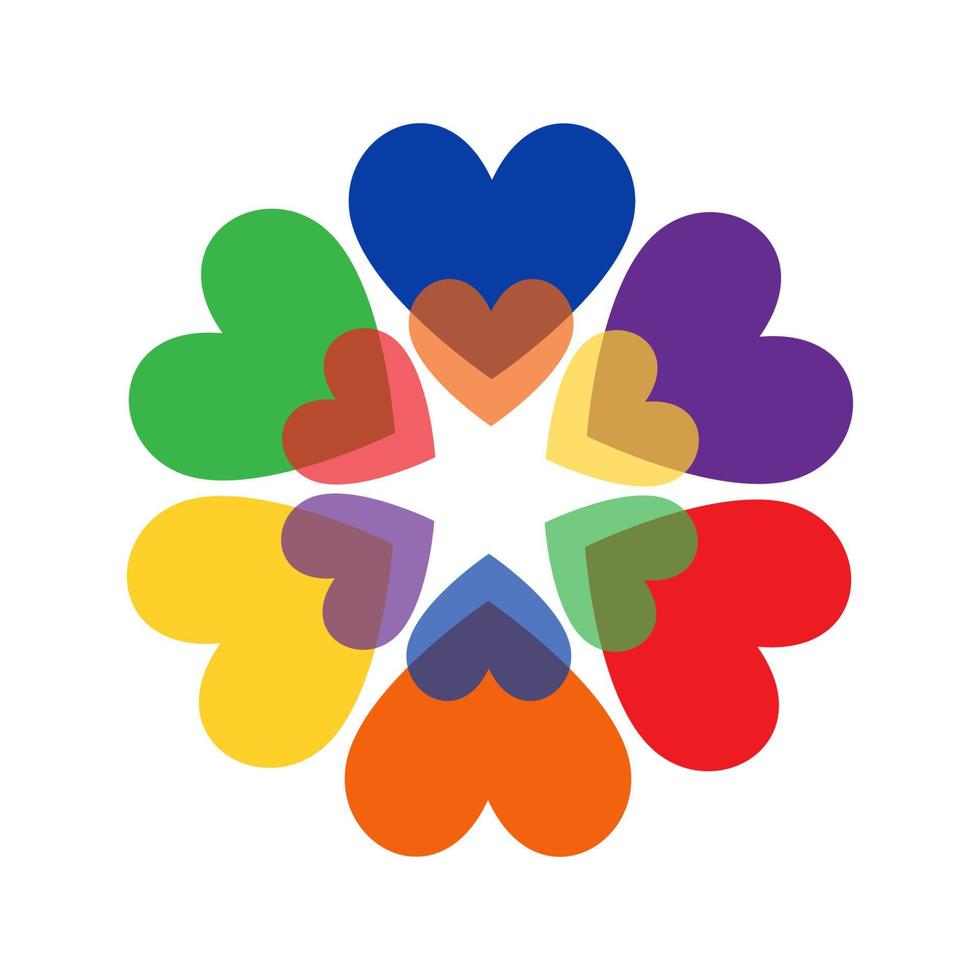 coeurs en cercle, fleur. drapeau arc-en-ciel. symbole de la communauté lgbt, des minorités sexuelles, des gays et des lesbiennes. symbole de la fierté gaie. logo lgbt. illustration vectorielle. vecteur