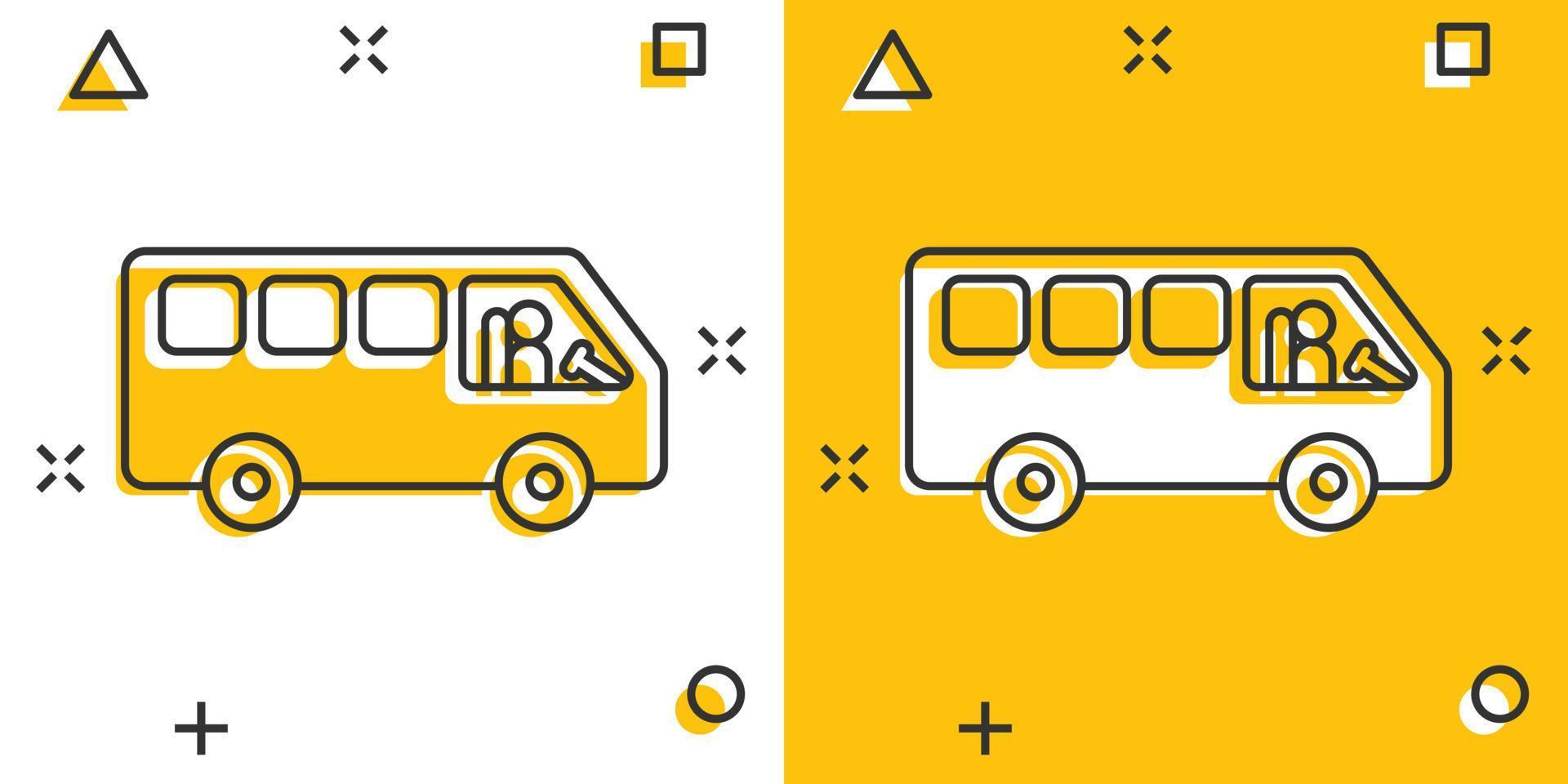 icône de bus dans le style comique. illustration vectorielle de dessin animé d'entraîneur sur fond blanc isolé. concept d'entreprise d'effet d'éclaboussure de véhicule autobus. vecteur