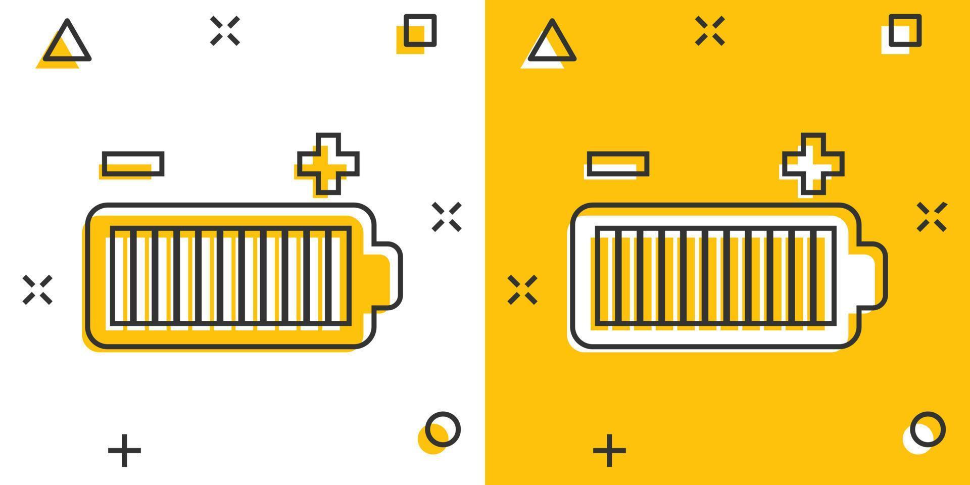 icône de charge de batterie dans le style comique. illustration de vecteur de dessin animé de niveau de puissance sur fond blanc isolé. concept d'entreprise d'effet d'éclaboussure d'accumulateur au lithium.