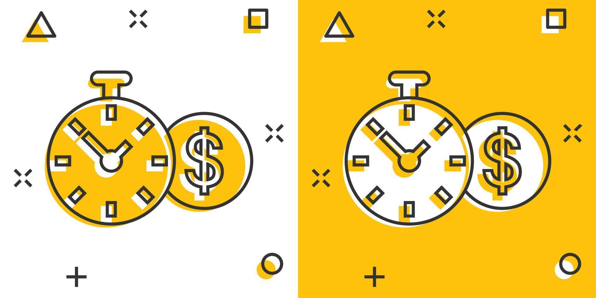 le temps est l'icône de l'argent dans le style comique. horloge avec illustration de vecteur de dessin animé dollar sur fond blanc isolé. concept d'entreprise d'effet d'éclaboussure de monnaie.