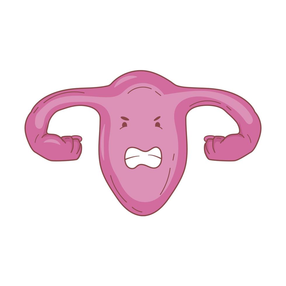 utérus de dessin animé en colère avec des poings au lieu d'ovaires vecteur