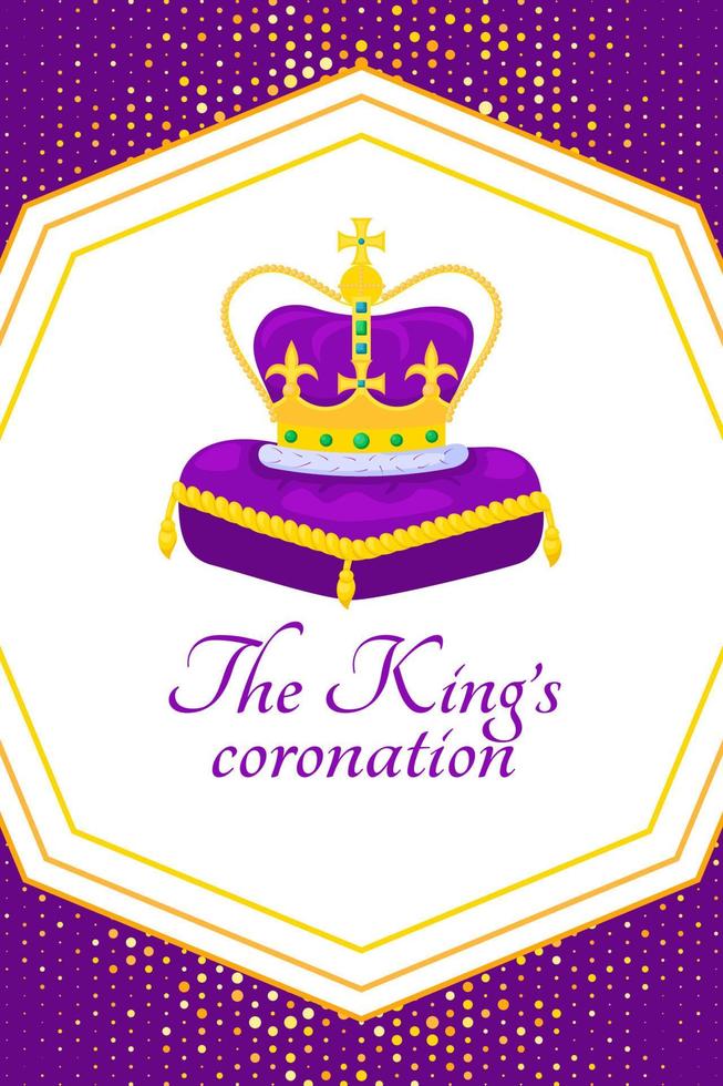 l'affiche du couronnement du roi. couronne dorée sur oreiller violet. conception pour l'occasion couronnement et règne du roi charles iii. idéal pour l'enseigne, la bannière, la carte de voeux, le dépliant, les invitations. vecteur