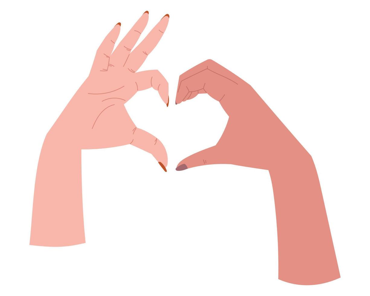 mains d'un couple de personnes en forme de coeur avec leurs doigts. illustration plate isolée de vecteur. vecteur