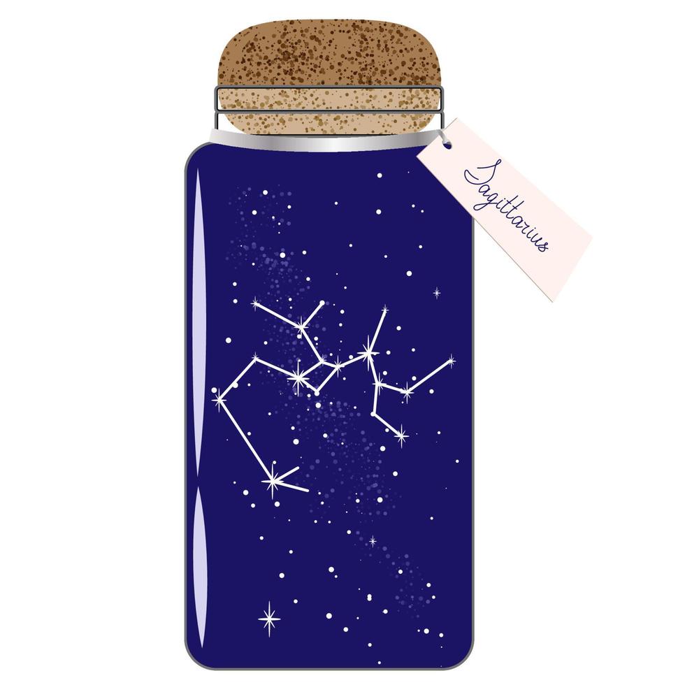 bocal en verre avec constellations du zodiaque. sagittaire sur le ciel nocturne. collectionner les instants. pot avec étiquette pour horoscope vecteur