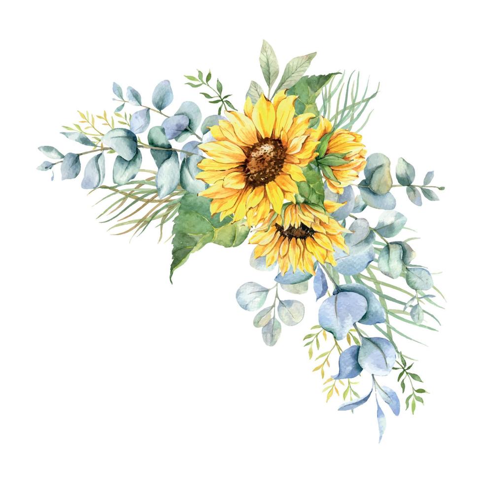 bouquet de tournesols à l'aquarelle, bouquets de tournesol peints à la main avec verdure, arrangement de fleurs de tournesol. éléments de clipart d'invitation de mariage. aquarelle florale. dessin botanique. fond blanc. vecteur