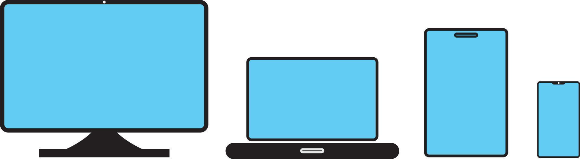 ensemble de maquettes d'ordinateurs de bureau, d'ordinateurs portables, de tablettes et de smartphones de style réaliste ensemble d'icônes d'appareils de maquette pour les applications d'interface utilisateur et la conception Web réactive avec un écran bleu. vecteur