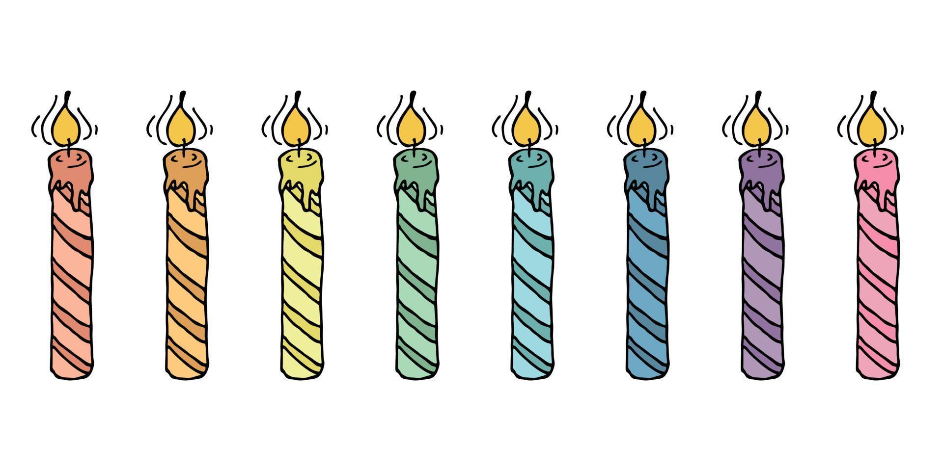 ensemble de bougies d'anniversaire brûlantes. illustration de griffonnage. clipart dessiné à la main pour carte, logo, design vecteur