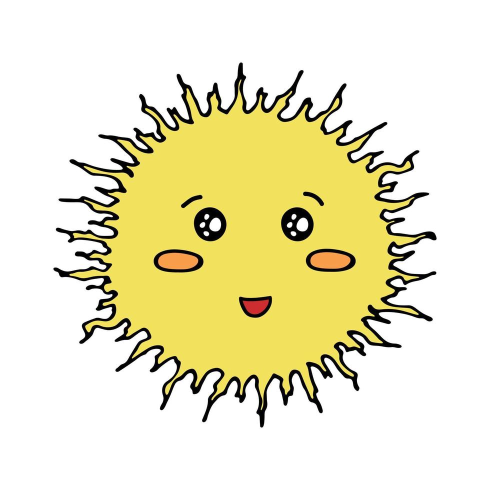 emoji soleil heureux dessiné à la main. griffonnage d'été. élément vectoriel unique pour la conception