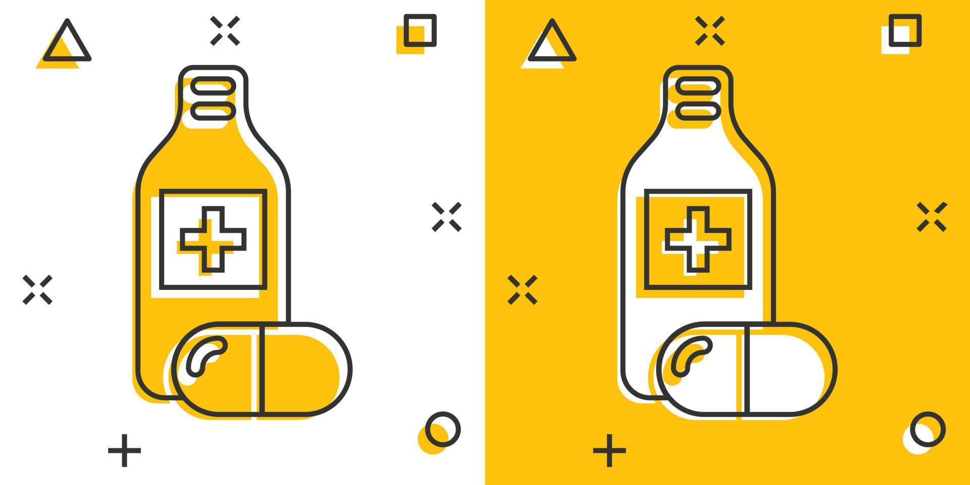 icône de bouteille de pilule dans le style comique. illustration de vecteur de dessin animé de médicaments sur fond blanc isolé. concept d'entreprise d'effet d'éclaboussure de pharmacie.