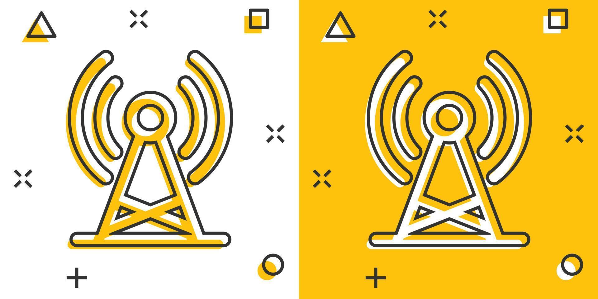 icône de tour d'antenne dans le style comique. illustration de vecteur de dessin animé de diffusion sur fond blanc isolé. concept d'entreprise d'effet d'éclaboussure wifi.