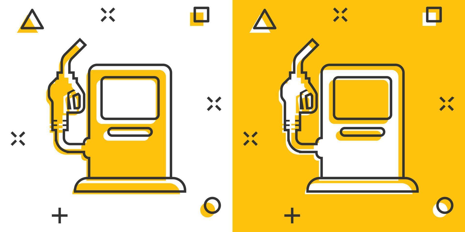 icône de la pompe à carburant dans le style comique. illustration vectorielle de signe de dessin animé de station-service sur fond blanc isolé. concept d'entreprise d'effet d'éclaboussure d'essence. vecteur