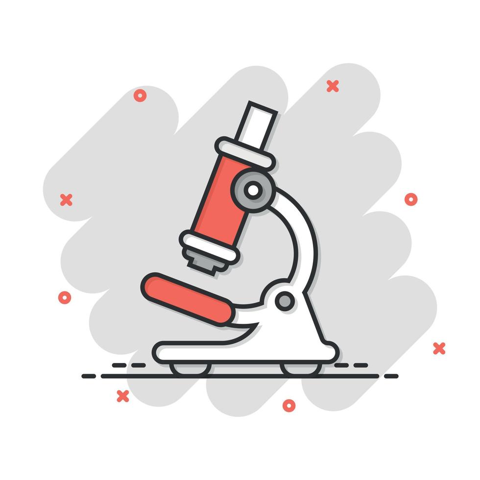 icône de microscope dans le style comique. illustration de vecteur de dessin animé de loupe de laboratoire sur fond isolé. concept d'entreprise de signe d'effet d'éclaboussure d'instrument de biologie.