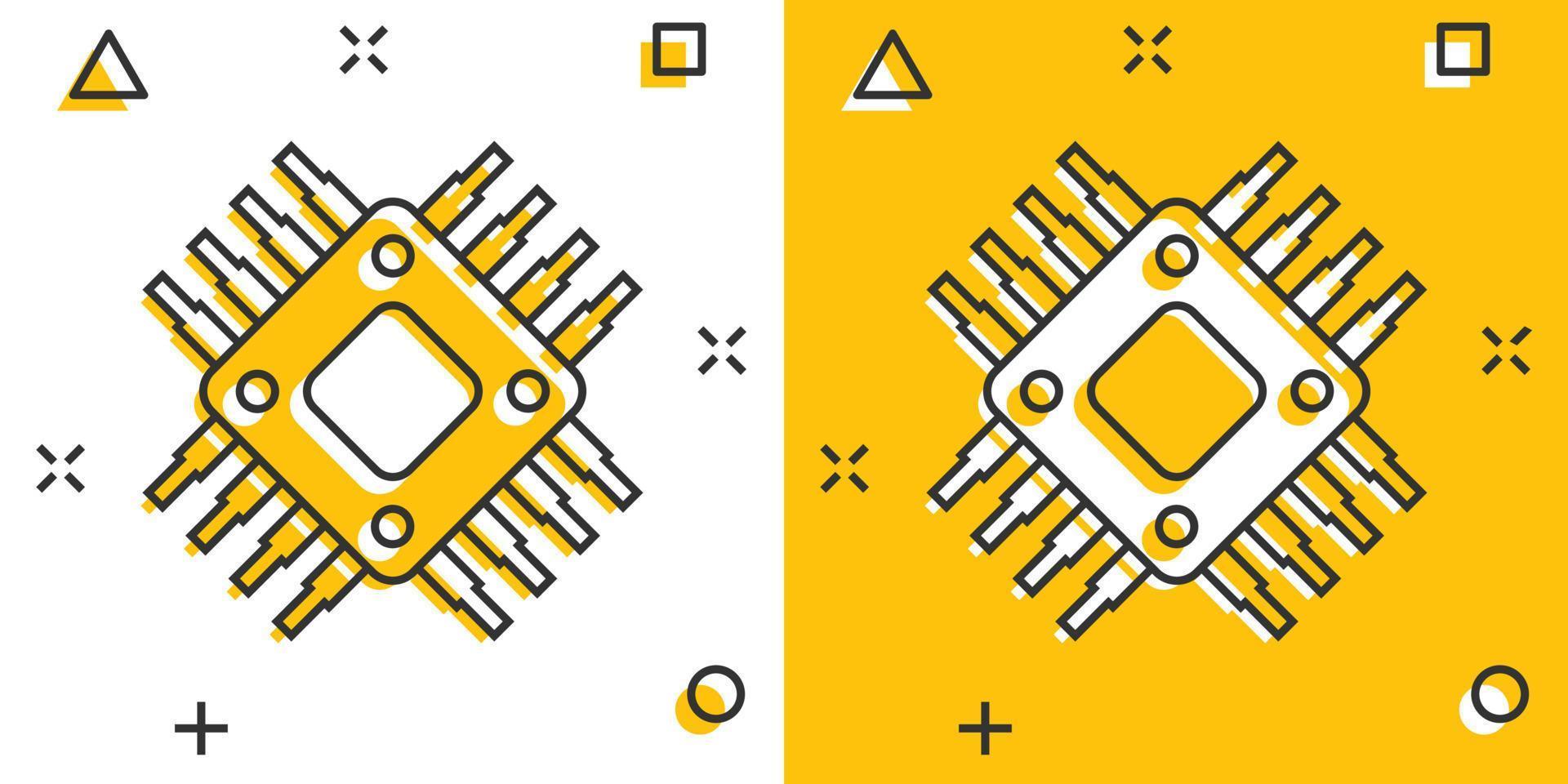 icône du processeur de l'ordinateur dans le style comique. illustration de vecteur de dessin animé de carte de circuit imprimé sur fond blanc isolé. concept d'entreprise d'effet d'éclaboussure de puce de carte mère.