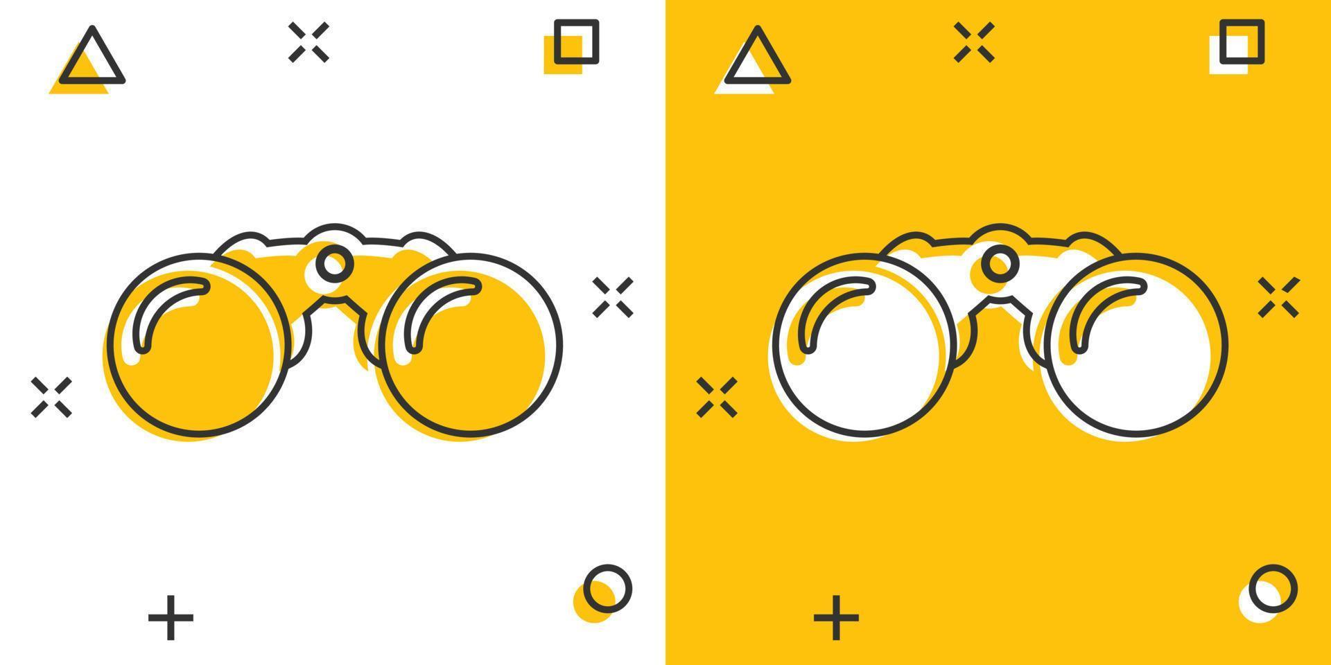icône binoculaire dans le style comique. recherche illustration vectorielle de dessin animé sur fond blanc isolé. concept d'entreprise effet zoom splash. vecteur