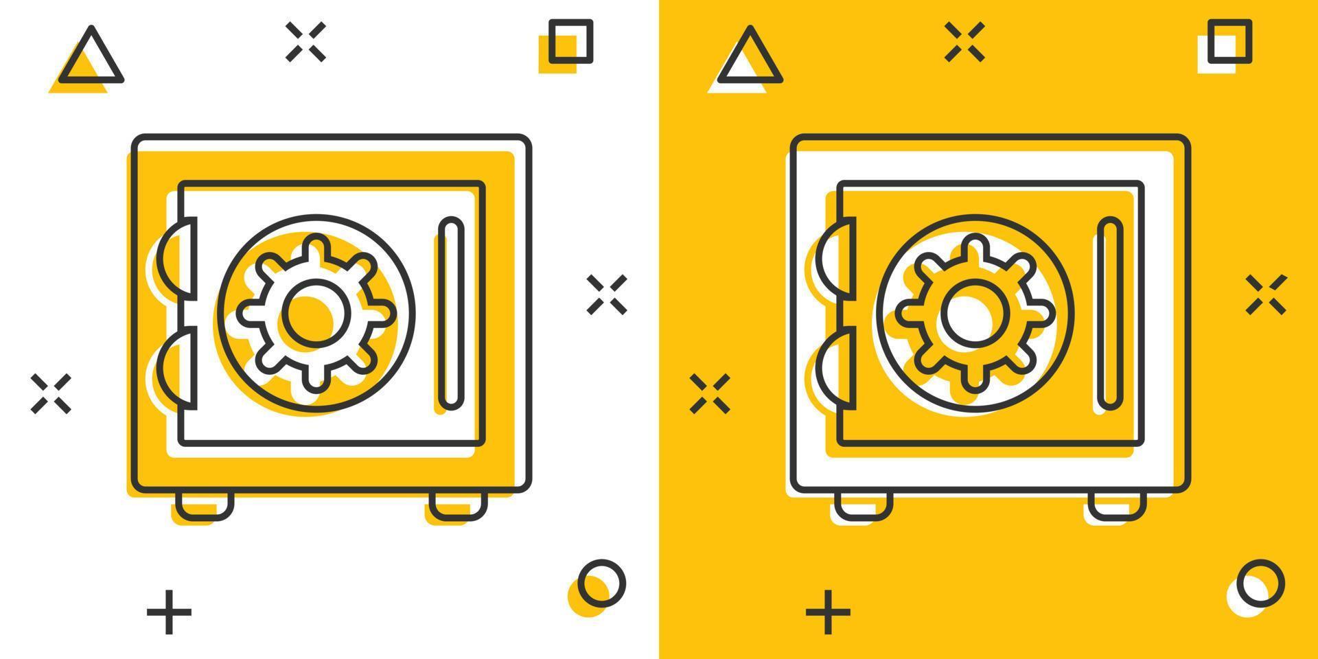 icône d'argent sûr dans le style comique. illustration vectorielle de dessin animé de coffre-fort sur fond blanc isolé. concept d'entreprise d'effet d'éclaboussure de sécurité financière. vecteur