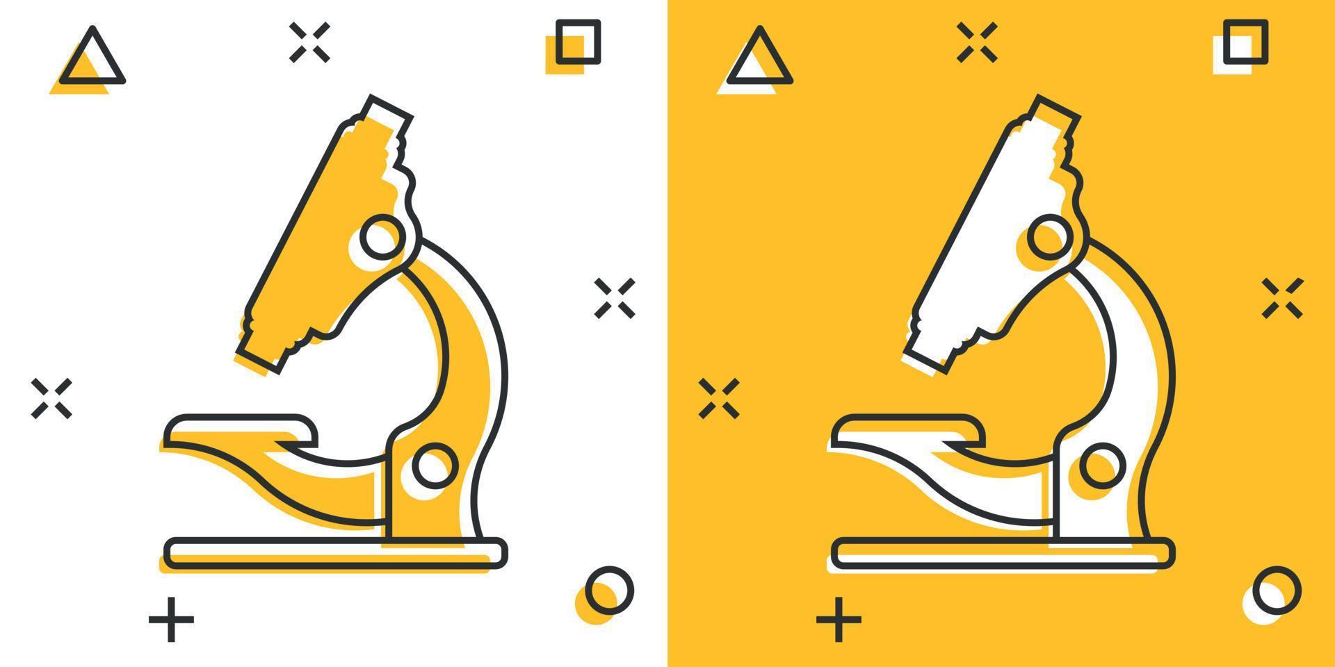 icône de microscope dans le style comique. illustration de vecteur de dessin animé de loupe de laboratoire sur fond isolé. concept d'entreprise de signe d'effet d'éclaboussure d'instrument de biologie.