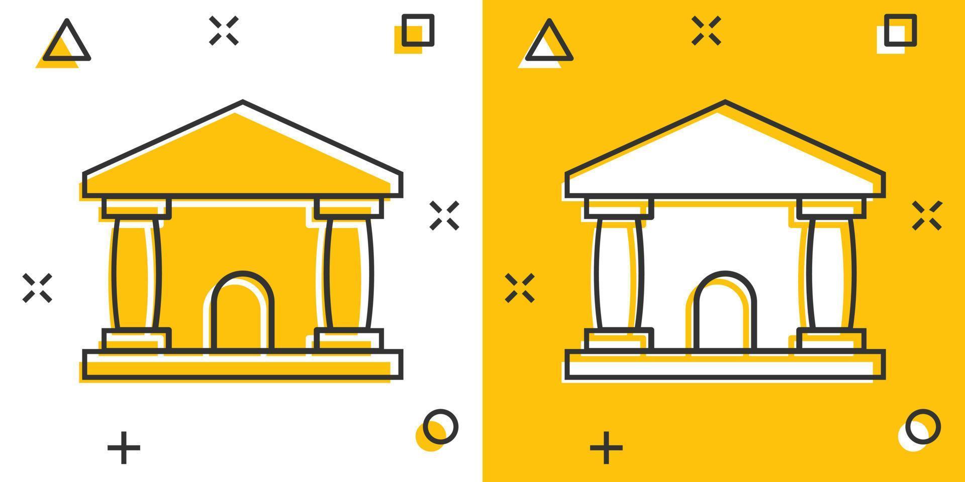 icône de bâtiment de banque dans le style comique. illustration de vecteur de dessin animé architecture gouvernementale sur fond blanc. concept d'entreprise d'effet d'éclaboussure extérieur de musée.