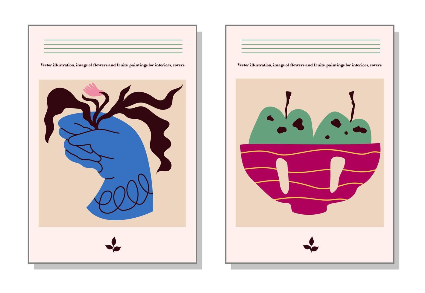 tableaux modernes pour l'intérieur avec des fleurs et des fruits. style de dessin. illustrations colorées de natures mortes avec fleurs et fruits pour couvertures, images. peinture intérieure. conception plate. dessiné à la main vecteur