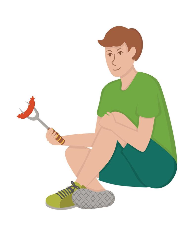 doodle clipart plat. un jeune homme fait frire une saucisse sur une brochette. tous les objets sont repeints. vecteur