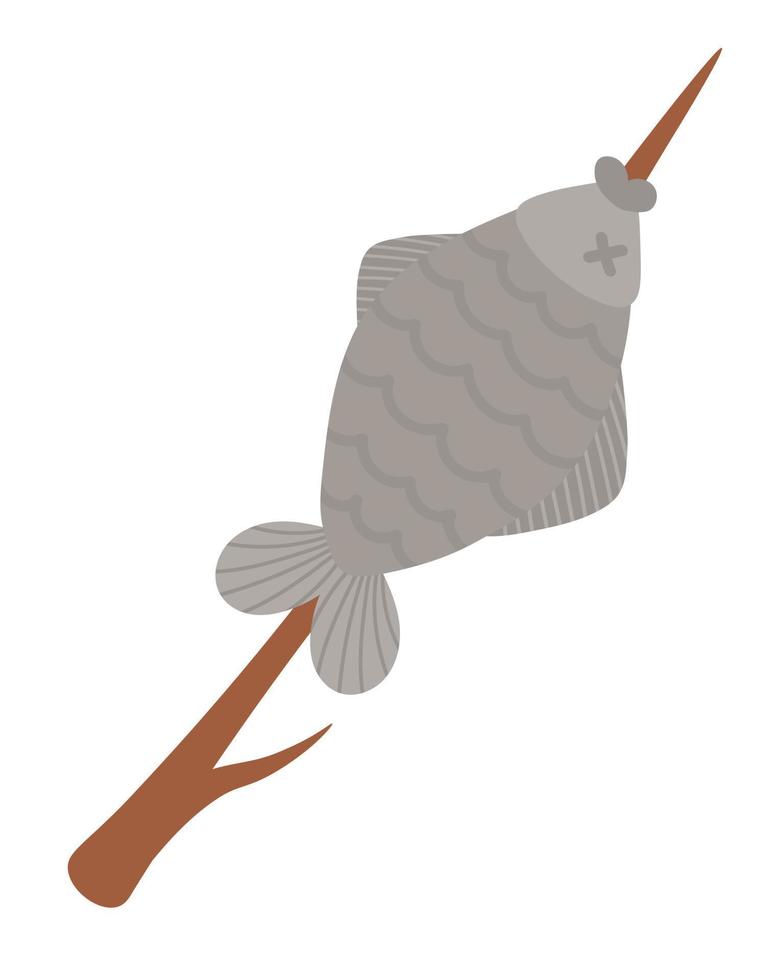 doodle clipart plat. déjeuner de camping, poisson sur une brindille pour faire frire au-dessus d'un feu. tous les objets sont repeints. vecteur