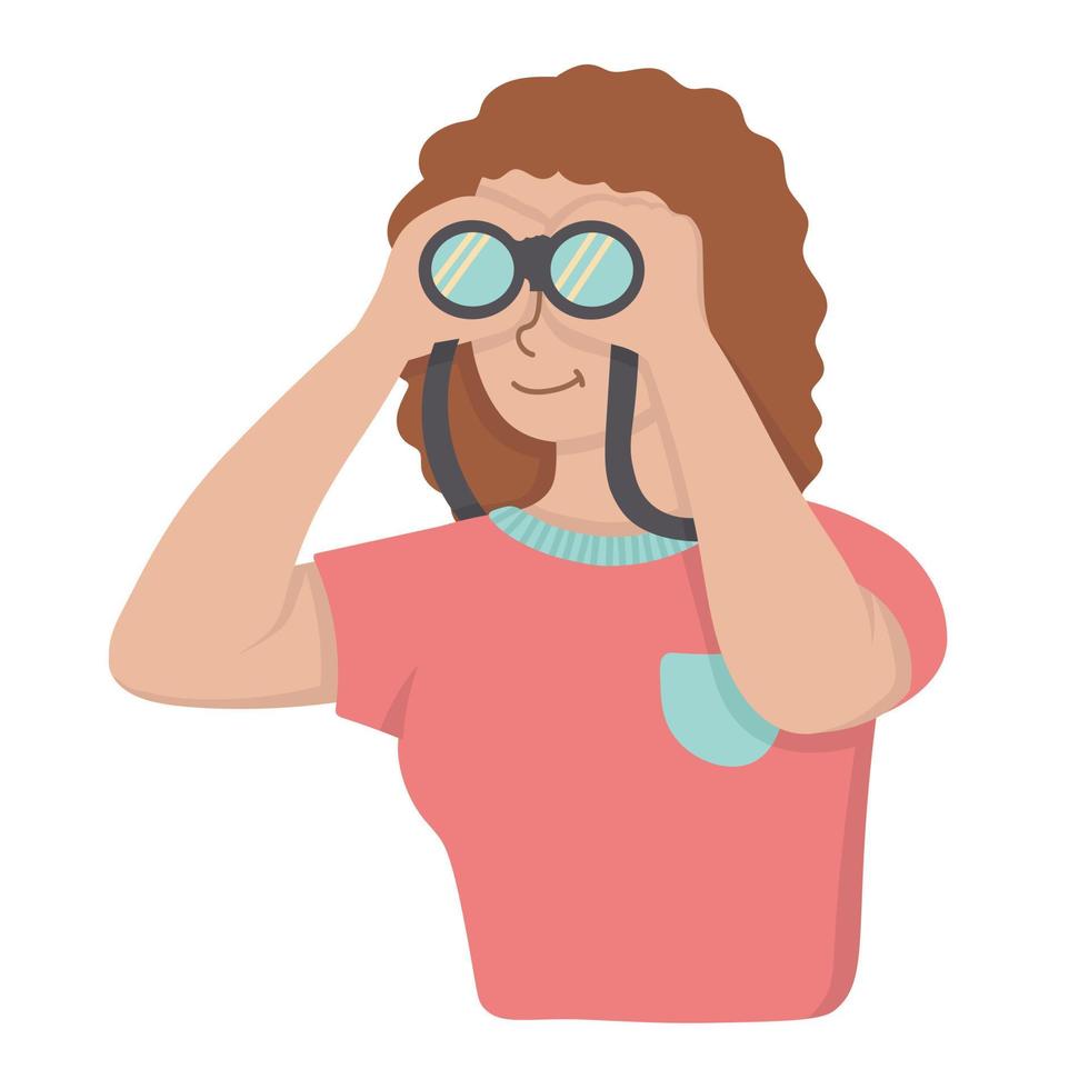 doodle clipart plat. une femme regarde à travers des jumelles. tous les objets sont repeints. vecteur