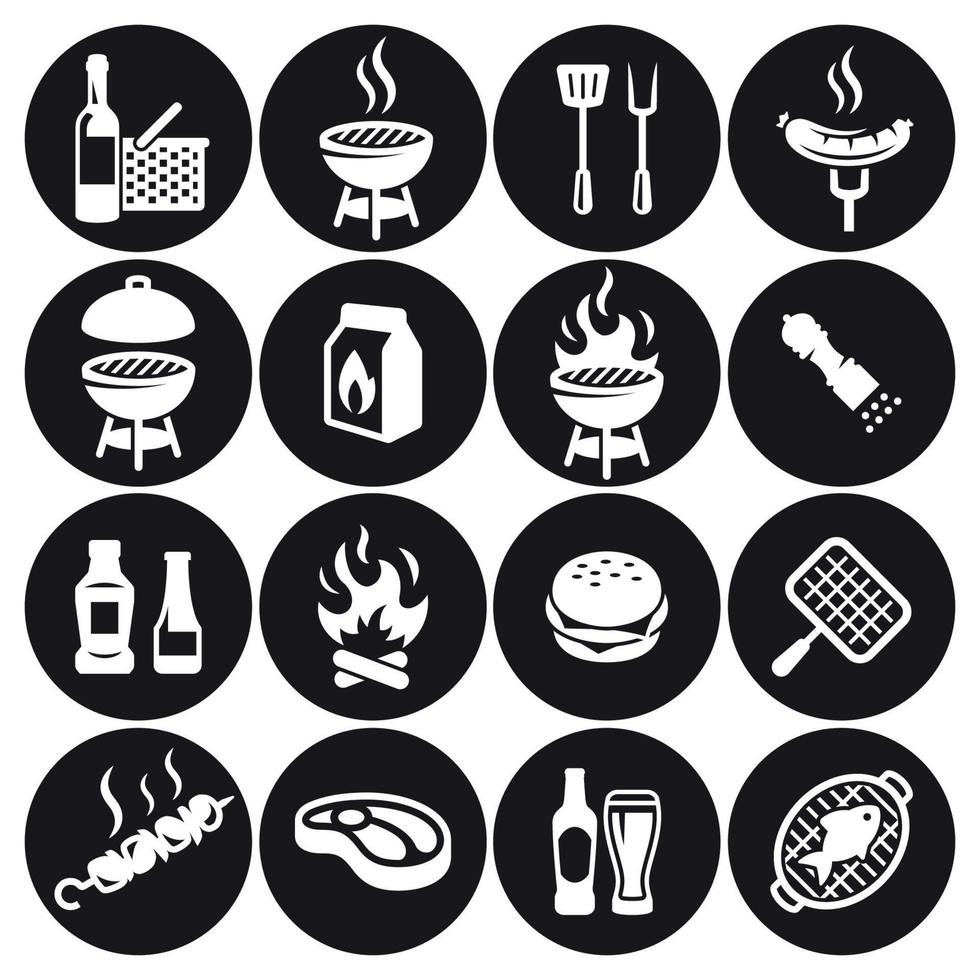 ensemble d'icônes de gril ou de barbecue. blanc sur fond noir vecteur
