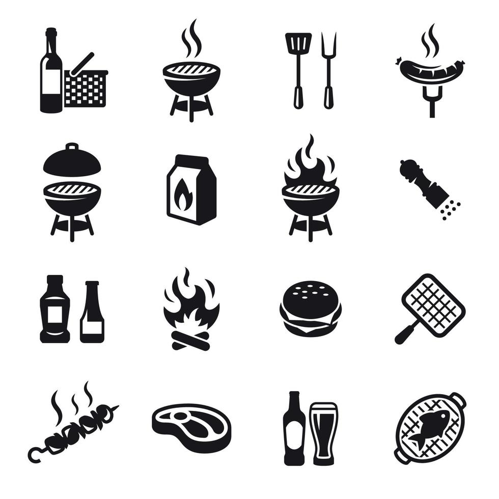 ensemble d'icônes de gril ou de barbecue. noir sur fond blanc vecteur