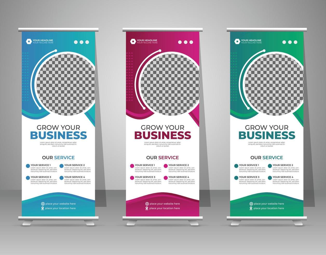 supports d'agence de création d'entreprise roll up banner design stands modèle de mise en page pour l'exposition avec trois couleurs. vecteur