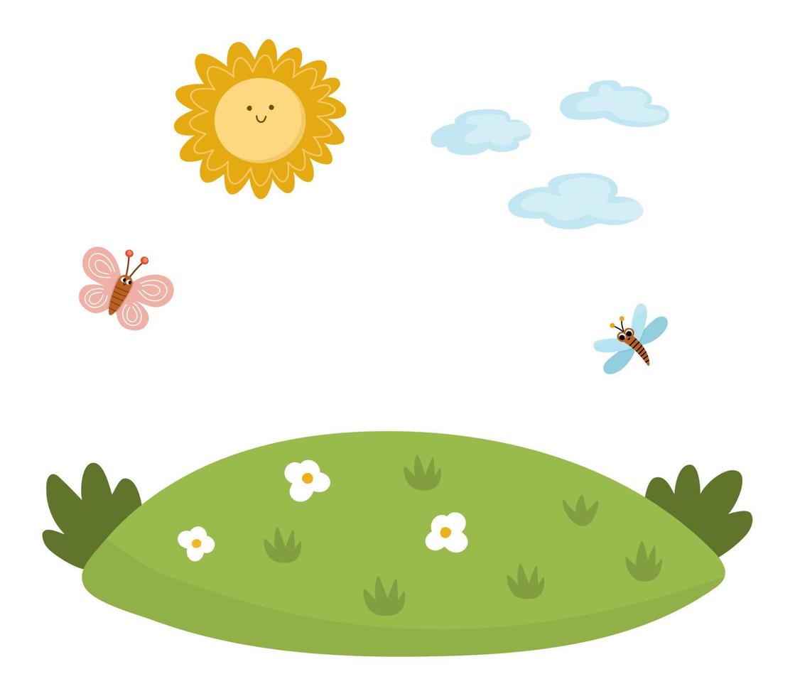 pelouse de vecteur avec herbe verte, soleil souriant et nuages. fond naturel d'été ou de printemps pour l'illustration des enfants. paysage de paysage vierge carré de prairie avec des fleurs et des papillons