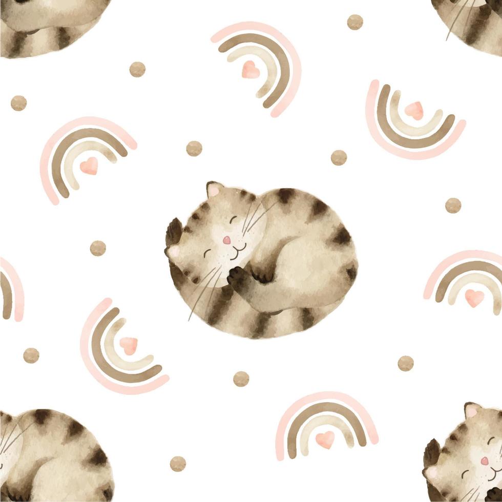 motif harmonieux à l'aquarelle avec un mignon chat tigré brun dort recroquevillé, arc-en-ciel et points. illustration dessinée à la main. arrière-plan pour chambre d'enfant, textiles, vêtements et autre design vecteur