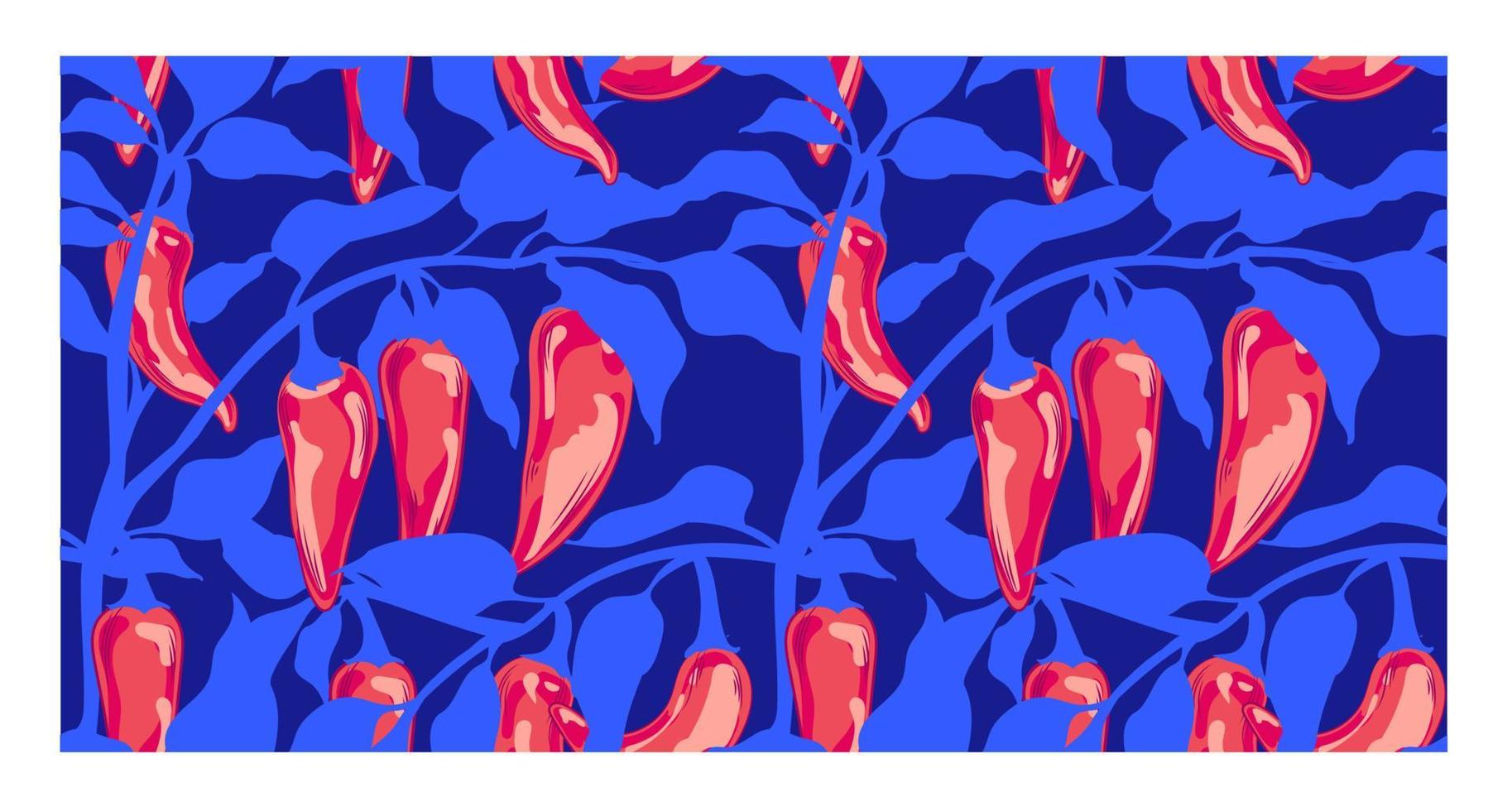 modèle sans couture avec des piments rouges chauds sur fond bleu. illustration vectorielle de piments. vecteur