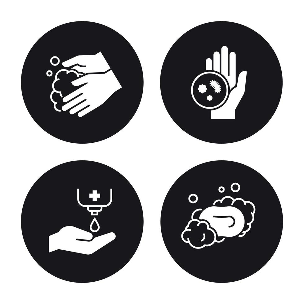 ensemble d'icônes d'hygiène des mains. blanc sur fond noir vecteur