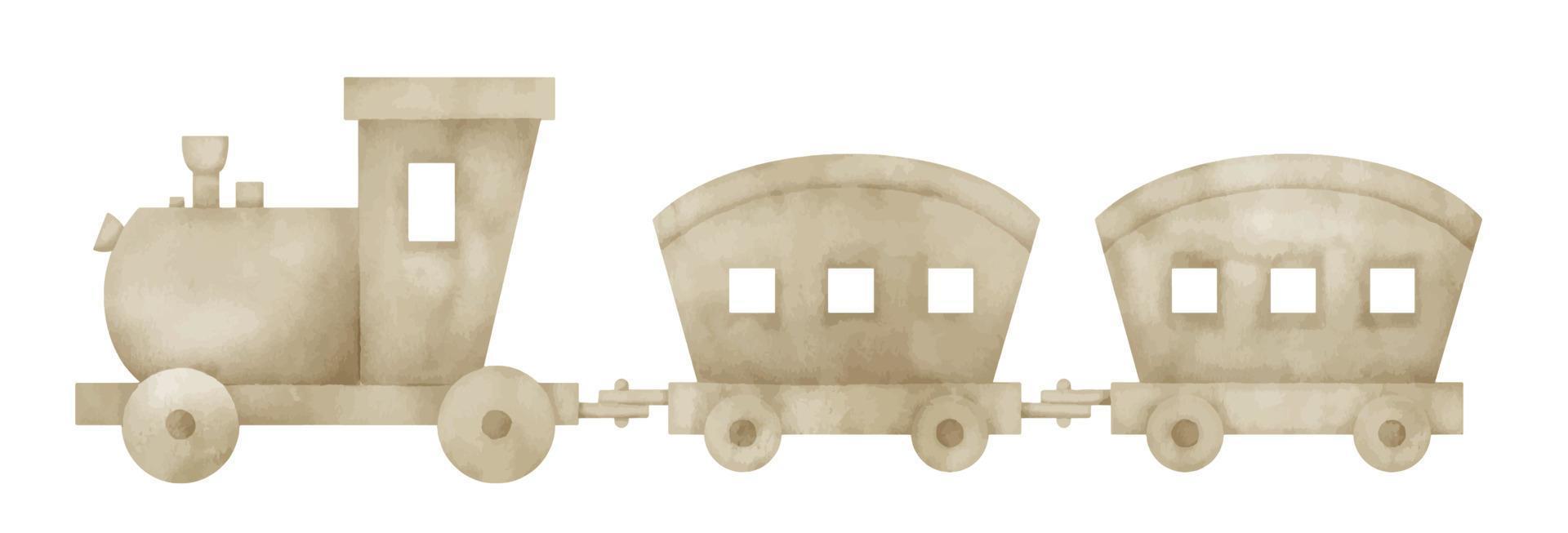 train jouet pour bébé. illustration dessinée à la main à l'aquarelle du véhicule pour petit garçon. transport en bois sur fond isolé pour cartes de voeux ou invitation de fête. dessin de locomotive pour jeu de loisir vecteur