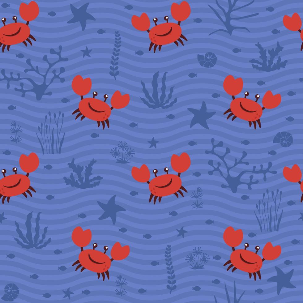 joli crabe gai avec des coquillages et un motif vectoriel sans couture de corail.