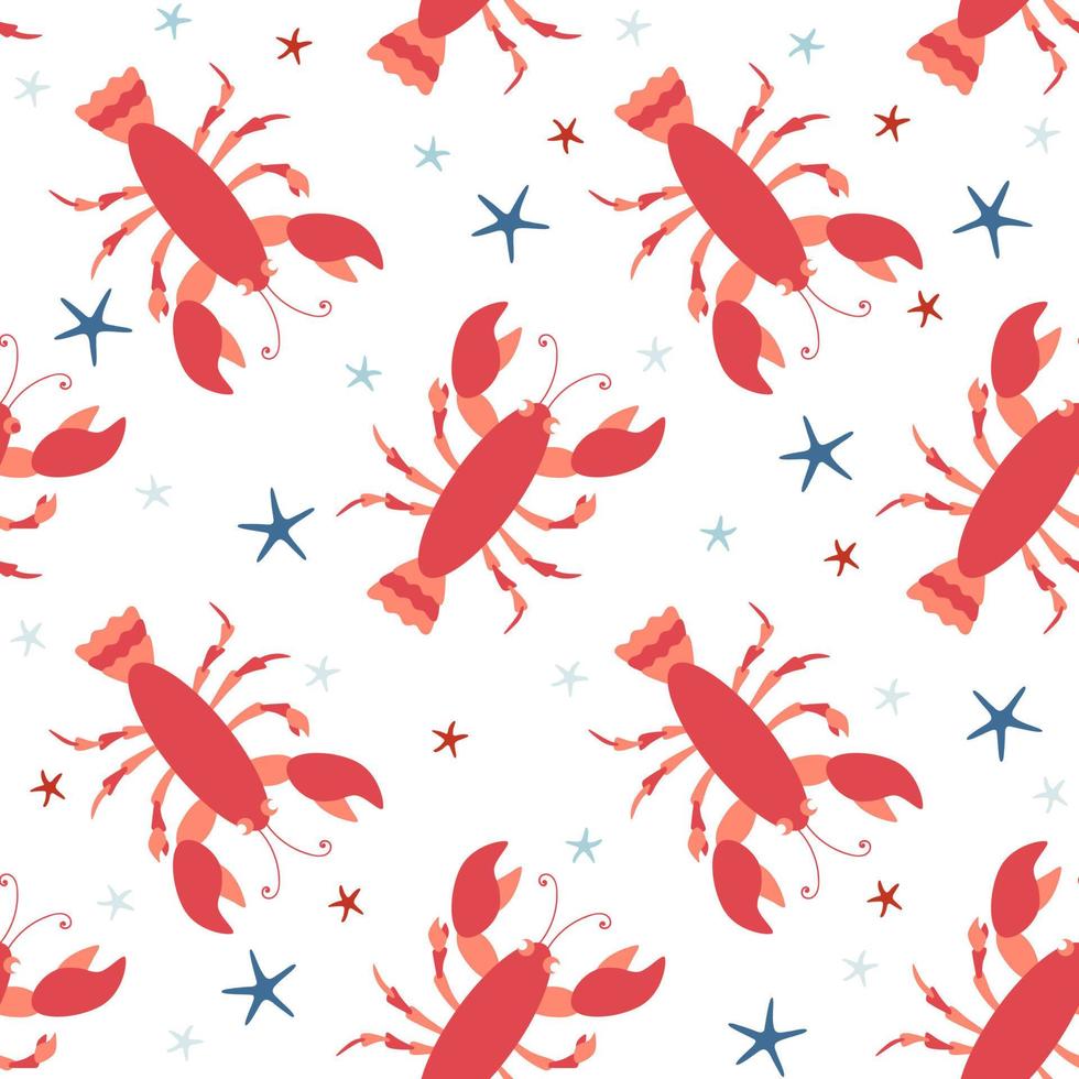 motif sans couture avec homards et étoiles de mer. dessin animé mignon homard. vecteur